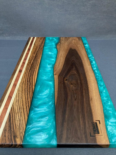 Large Black Walnut Shimmer Teal Epoxy River Board